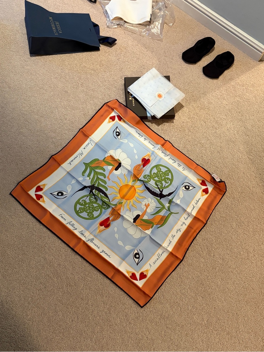 Silk Floral Sun Print Scarf - Orange & Light Blue - Picture 3 of 4